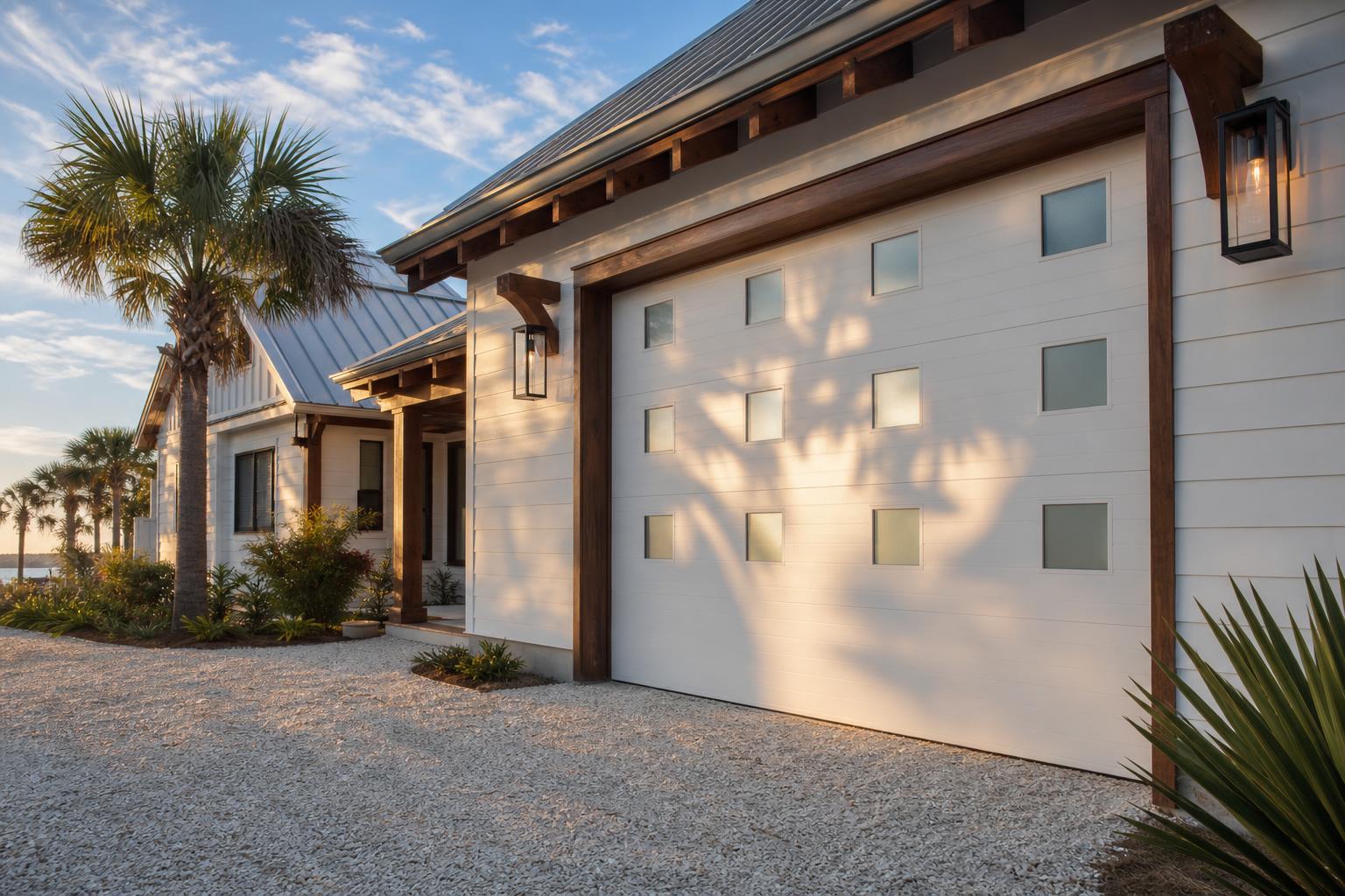 Modern Santa Rosa Beach, FL home with a navy carriage-style garage door at golden hour